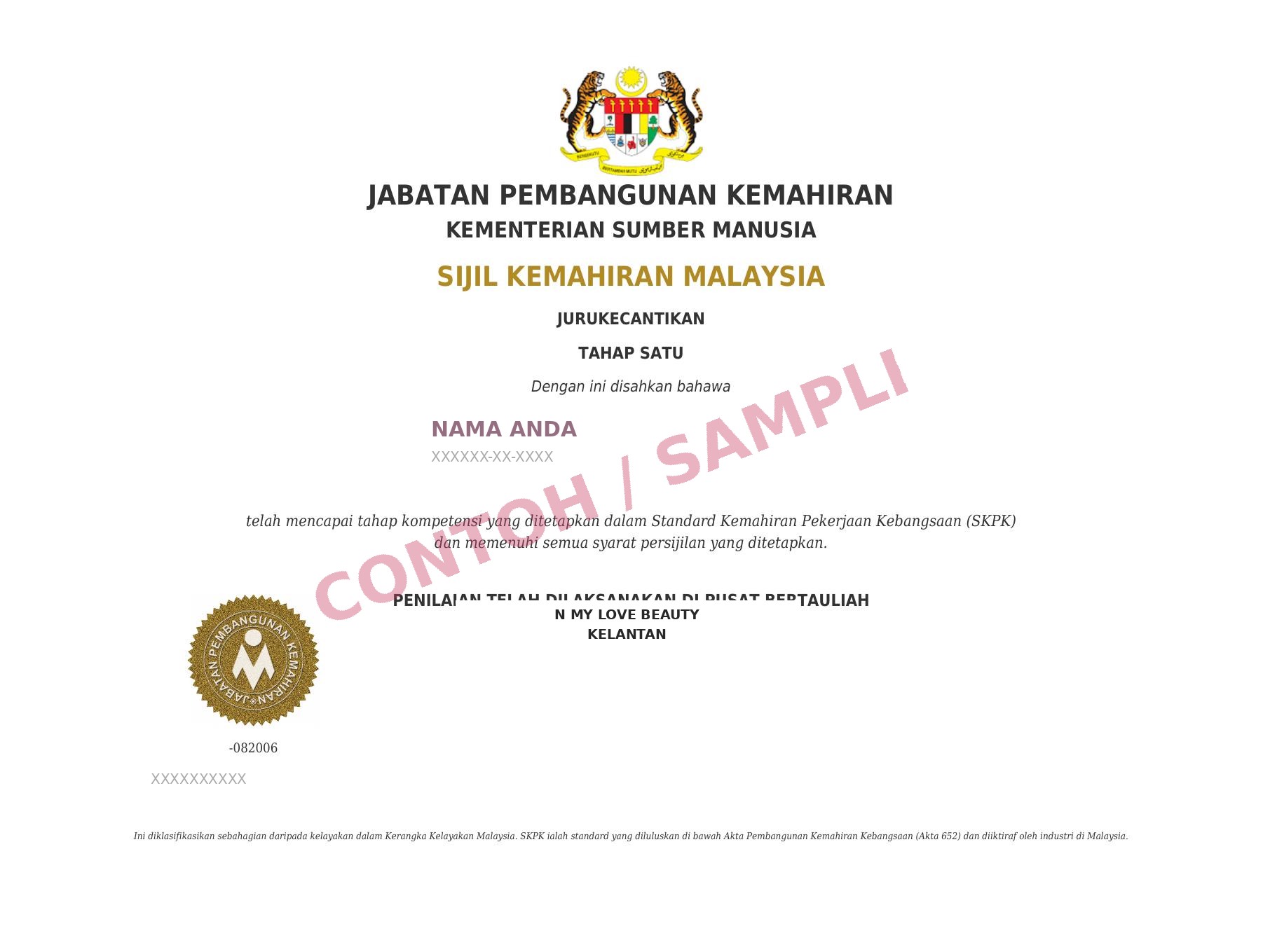 Sample Sijil Kemahiran Malaysia certificate (personal details redacted)